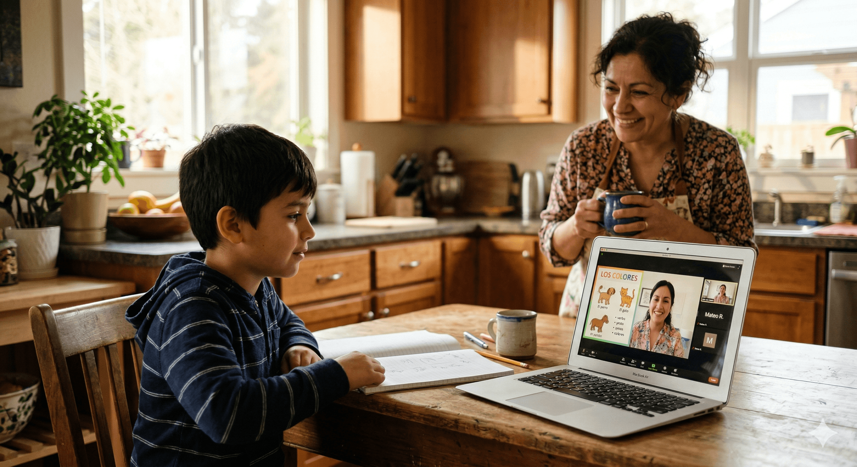 Latino boy learning Spanish on laptop with grandmother smiling in background