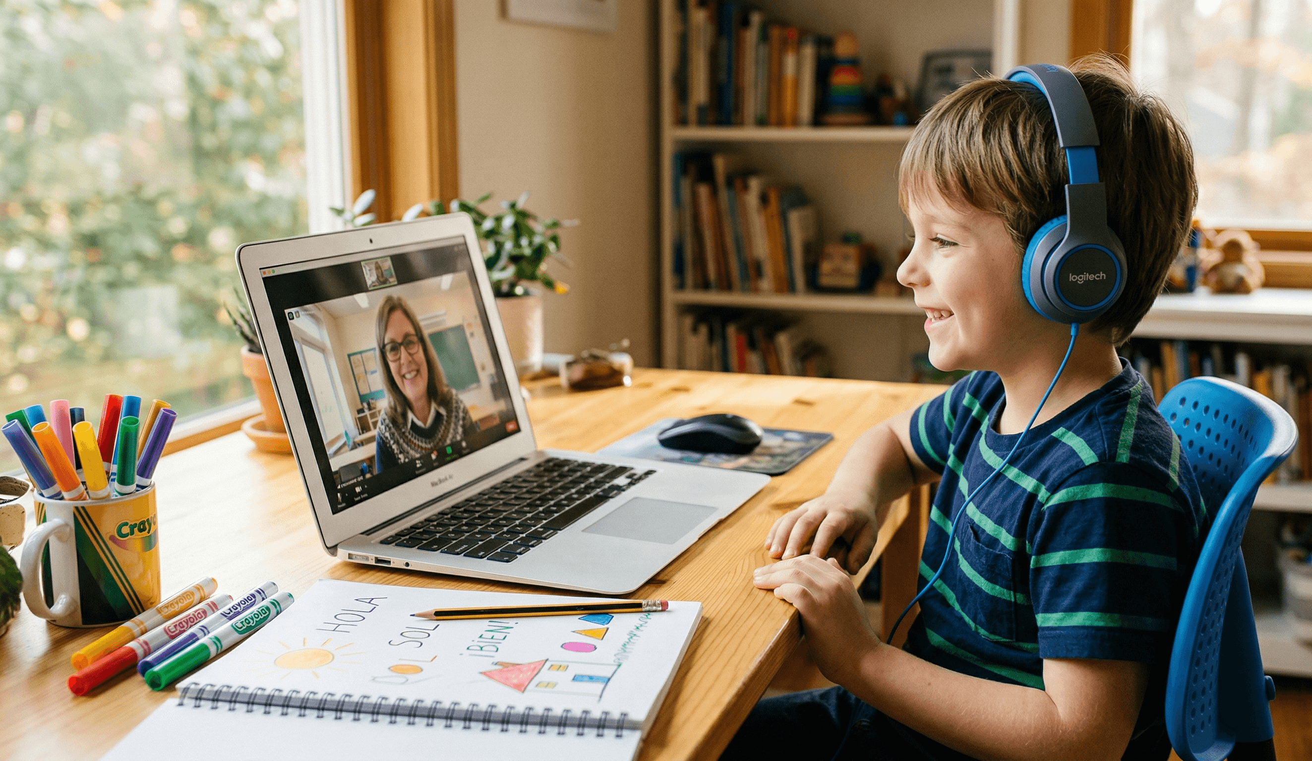 Boy wearing headphones smiling during an online Spanish class