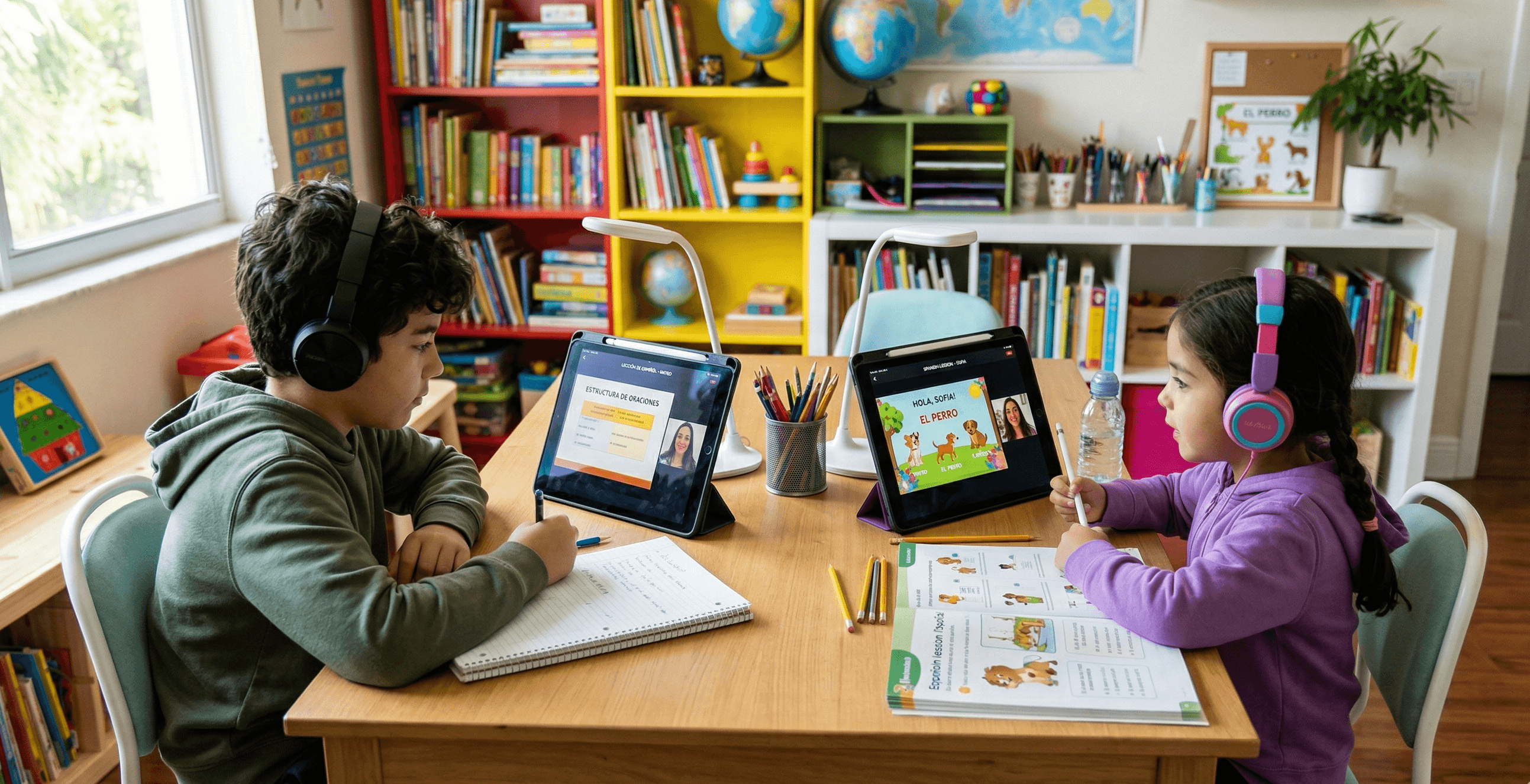 Two siblings studying Spanish on tablets with headphones