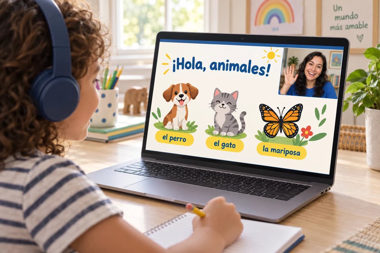 Illustrative class scene: a child practices animal names with a teacher on a laptop