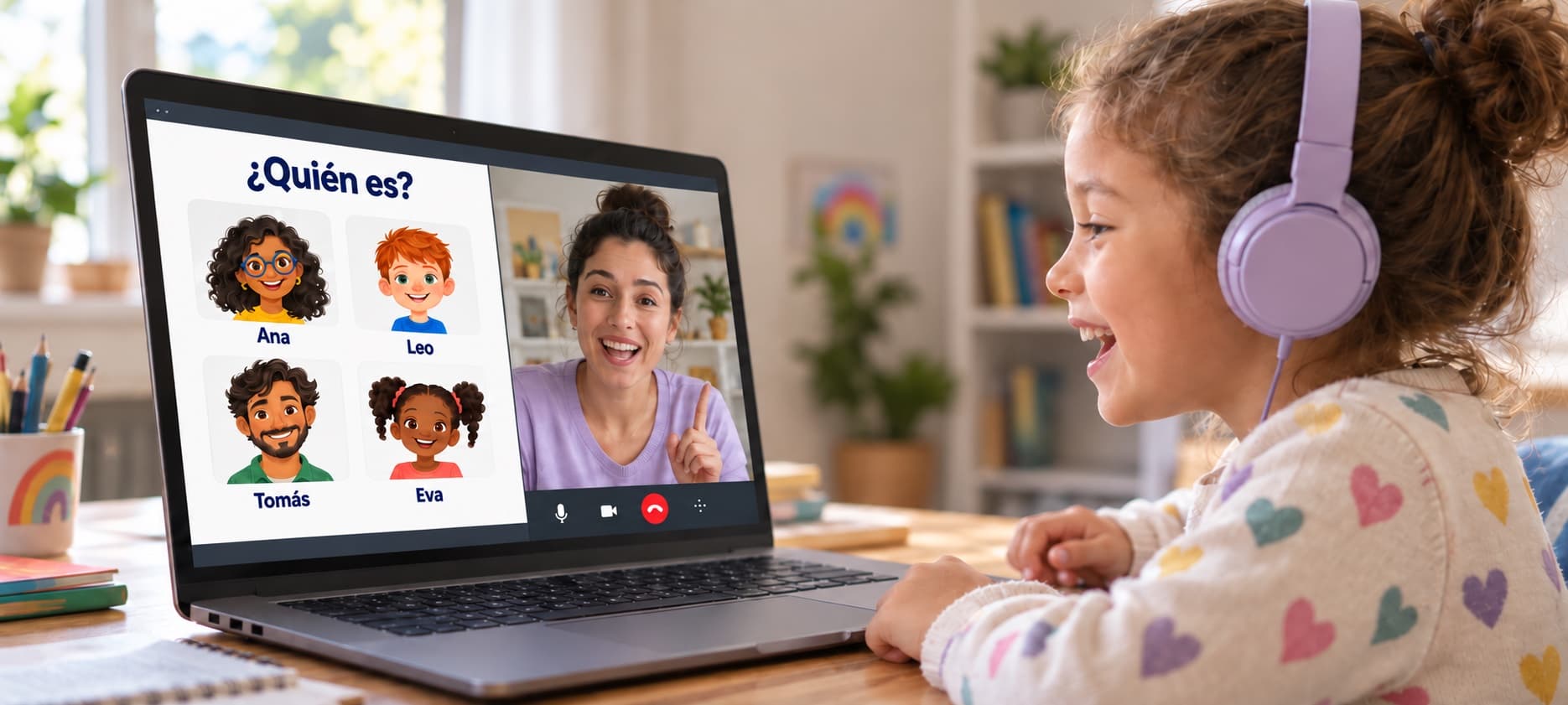Illustrative example of a child at a laptop, talking with a fictional teacher while a character-description activity is shared on screen